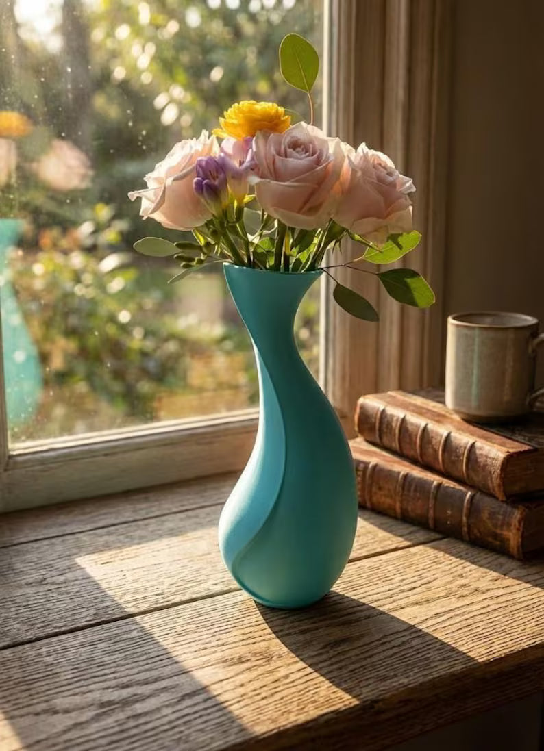 3D Printed Modern Vase, Minimalist Flower Vase, Teal Home Decor Accent