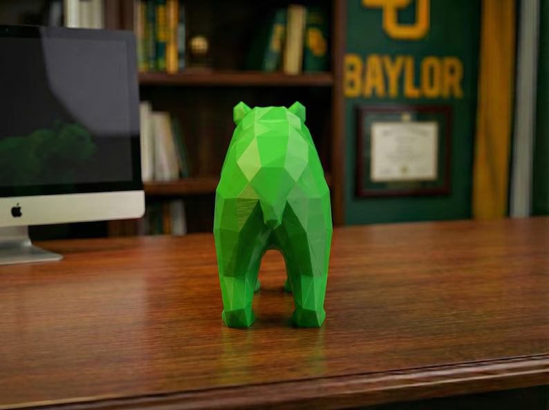 3D Printed Green Bear Statue | Low Poly Bear Decor | Baylor-Inspired Desk & Office Decor | College Sports Fan Gift