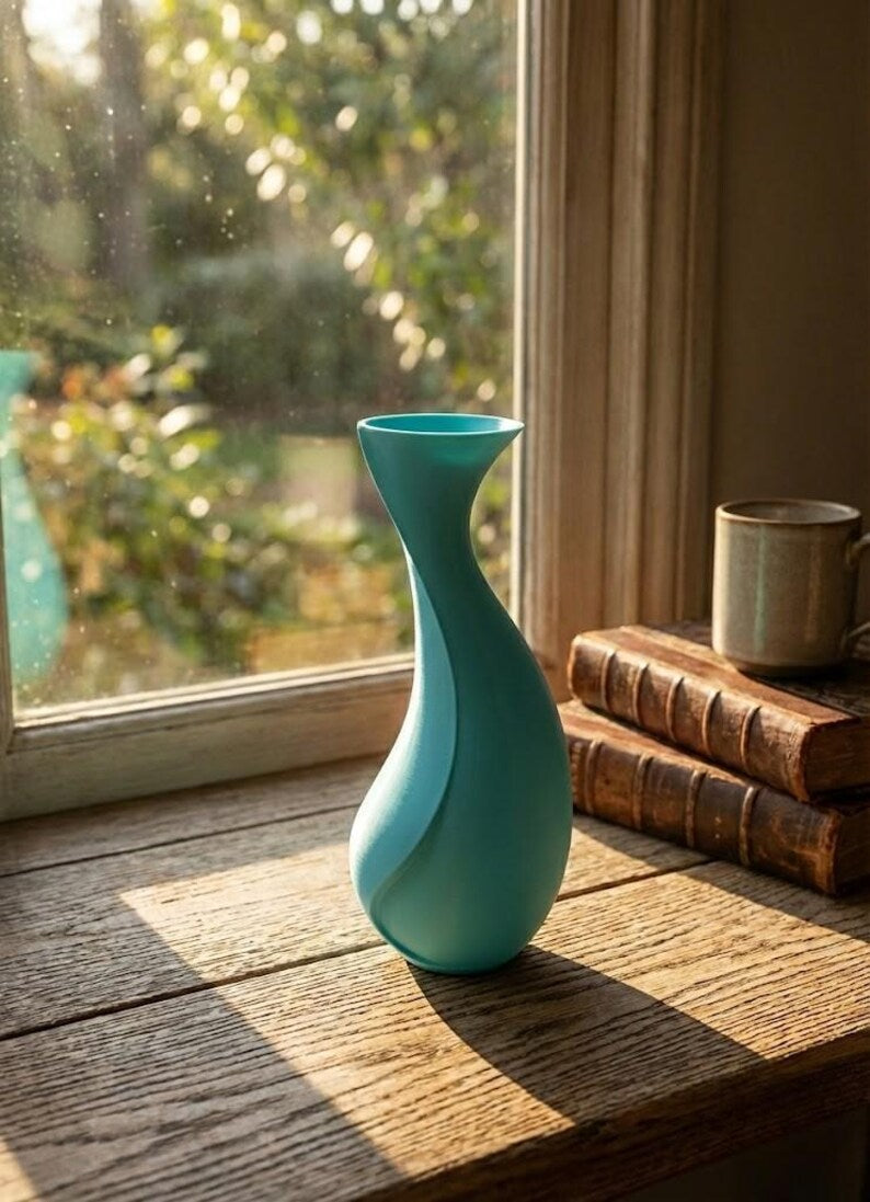 3D Printed Modern Vase, Minimalist Flower Vase, Teal Home Decor Accent