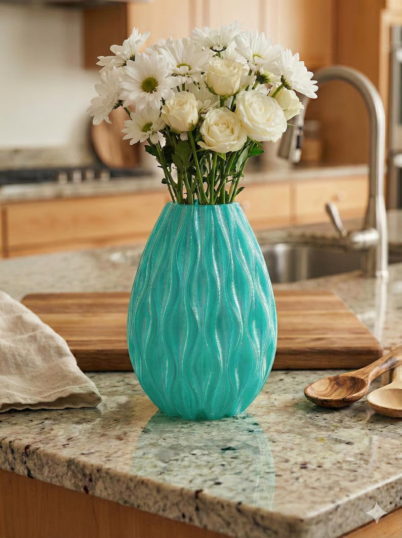 3D Printed Textured Flower Vase, Teal Decorative Vase, Modern Home Decor